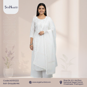 Ash gray 3 piece dress made from premium cotton, modest and stylish design, perfect for festive occasions, office wear, and daily use.