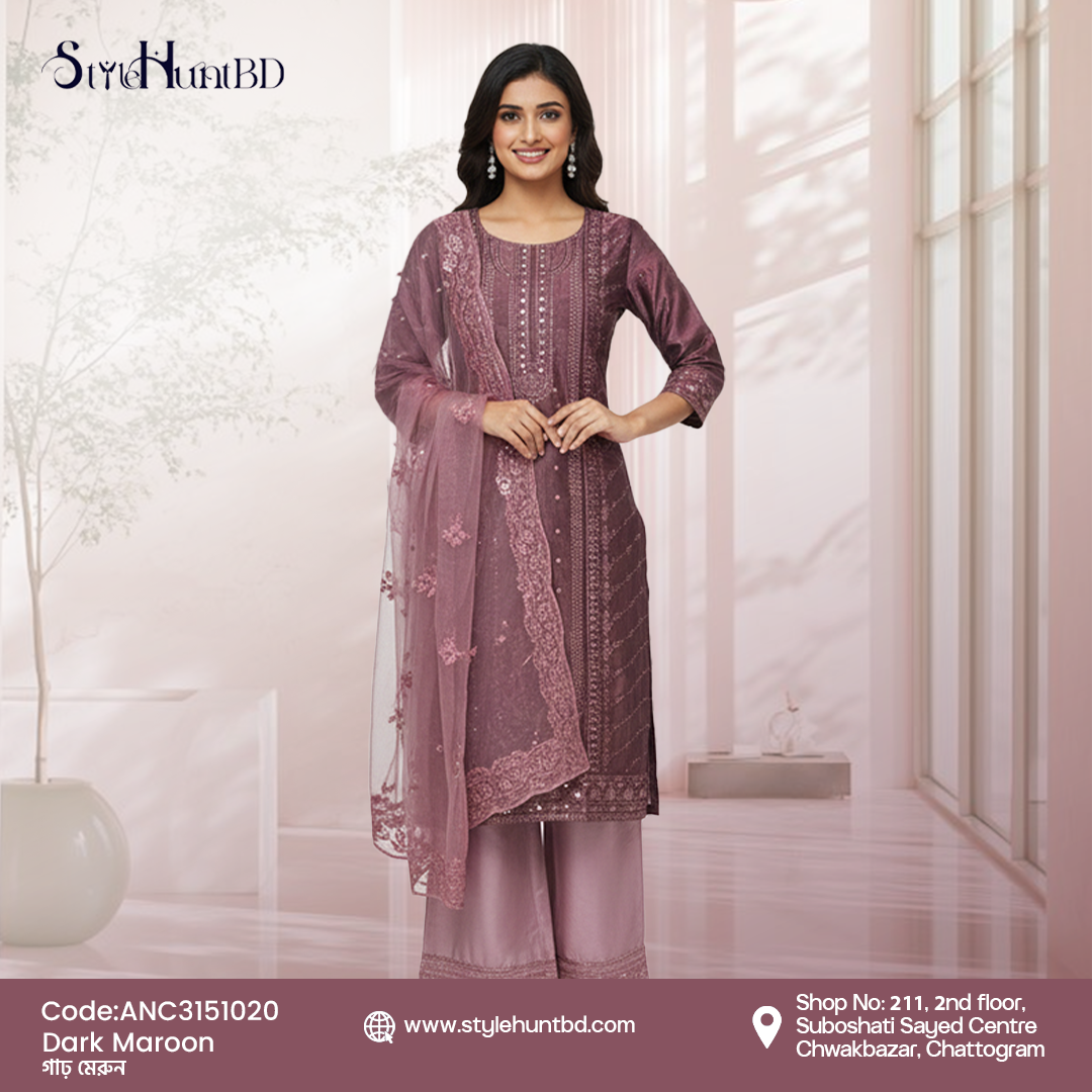 Dark Maroon (3) Sophisticated dark maroon 3 piece dress made from premium Afghani silk, breathable fabric, elegant and modest design perfect for festive occasions, office wear, and daily use.