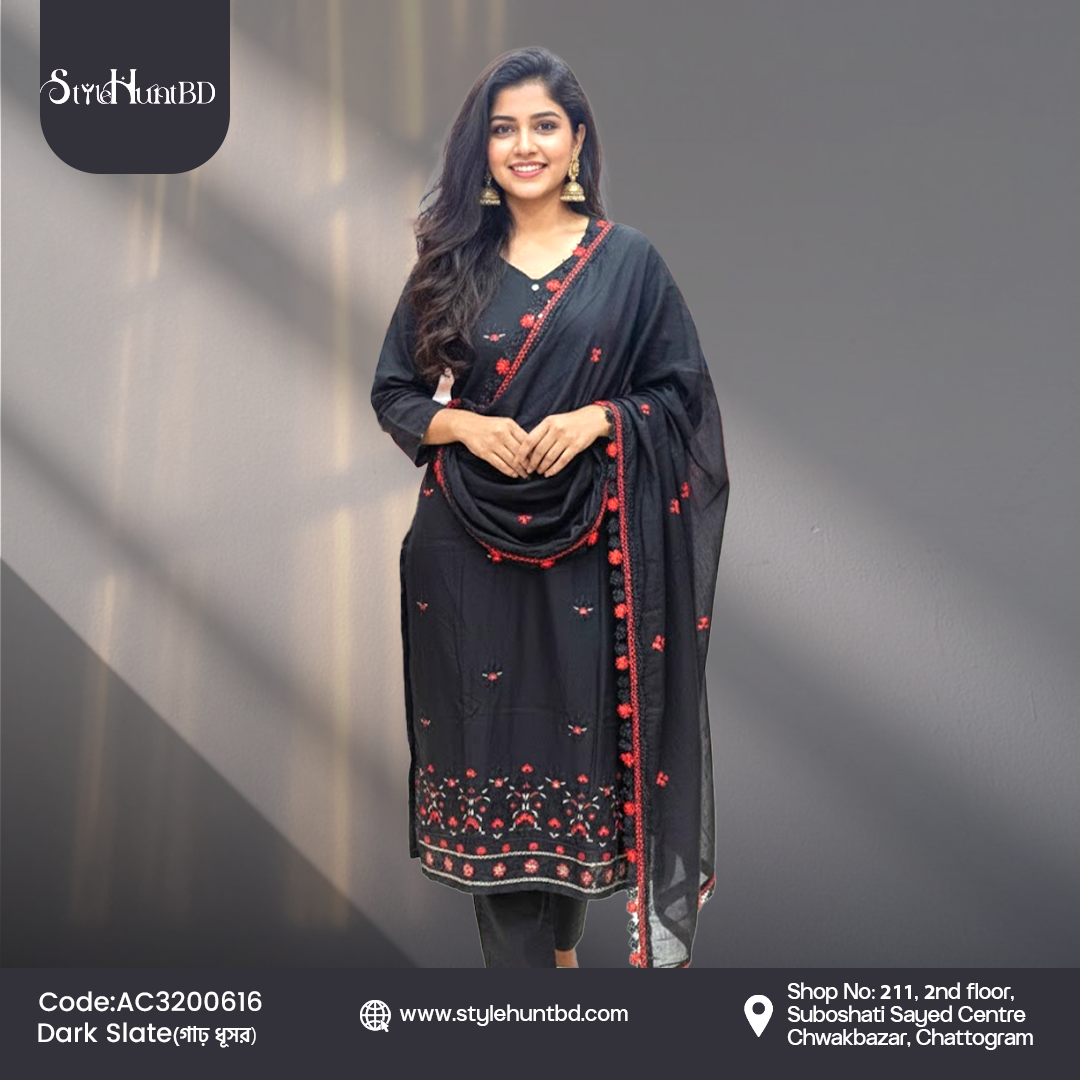 Dark Slate Dark slate 3 piece dress made from breathable cotton fabric, modest and elegant design, perfect for festive occasions, office wear, and daily use.