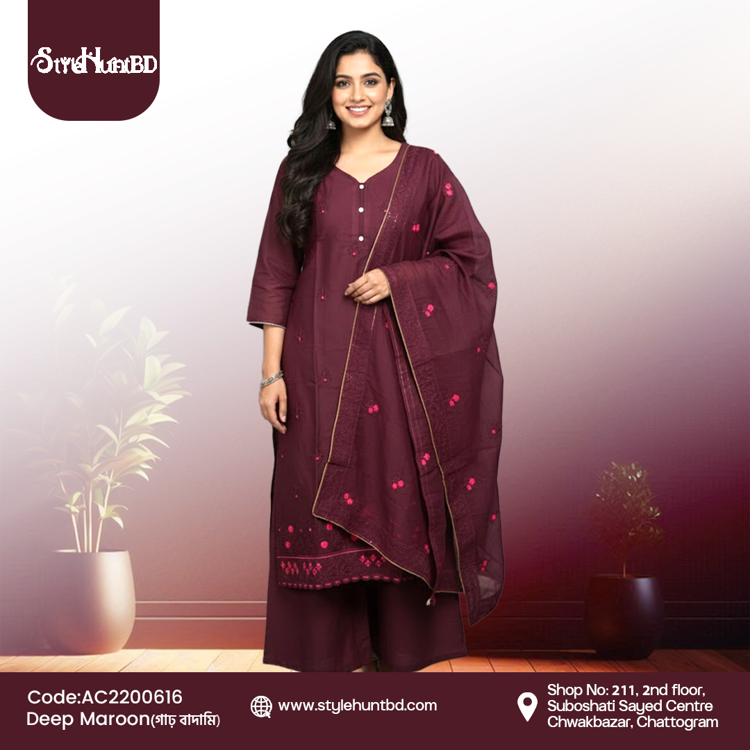 Deep Maroon Deep maroon 3 piece dress made from breathable cotton fabric, modest and elegant design, perfect for office, festive occasions, and daily wear.