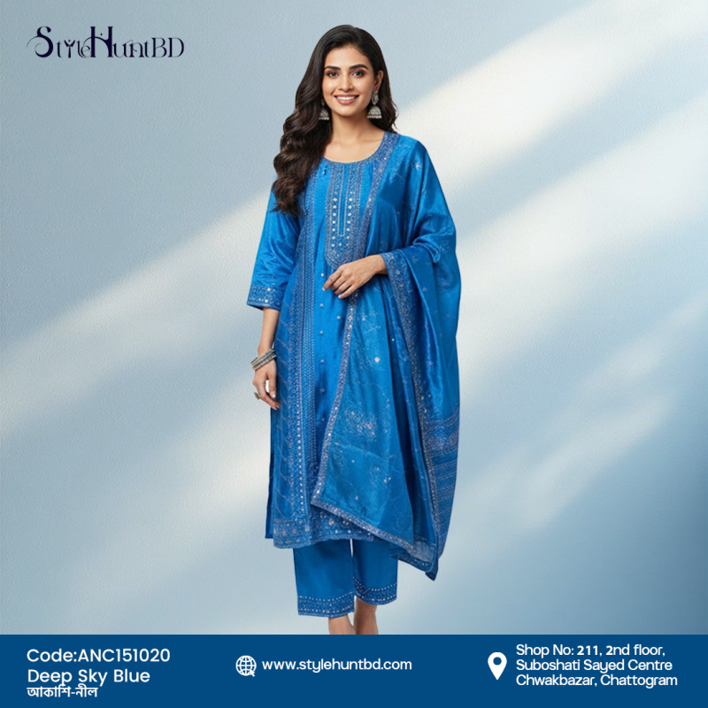 Bright deep sky blue 3 piece dress made from soft Afghani silk, breathable fabric, modest design perfect for festive occasions, office wear, and daily use