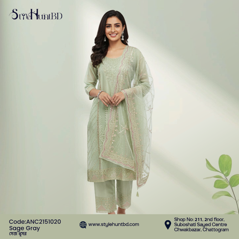 Soft sage gray 3 piece dress made from premium Afghani silk, breathable fabric, modest design perfect for festive occasions, office wear, and daily use.
