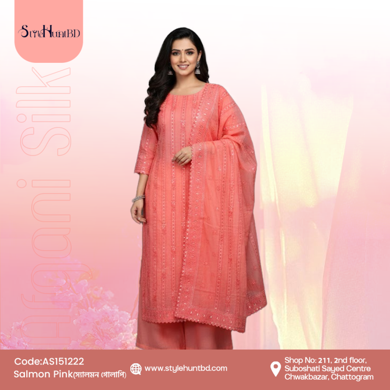 Soft salmon pink 3 piece dress made from premium cotton, lightweight and breathable fabric, modest design perfect for festive occasions, office wear, and daily use