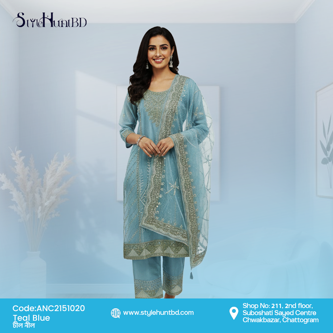 Teal Blue Elegant teal blue 3 piece dress made from premium Afghani silk, soft and breathable fabric, modest design perfect for festive occasions, office wear, and daily use