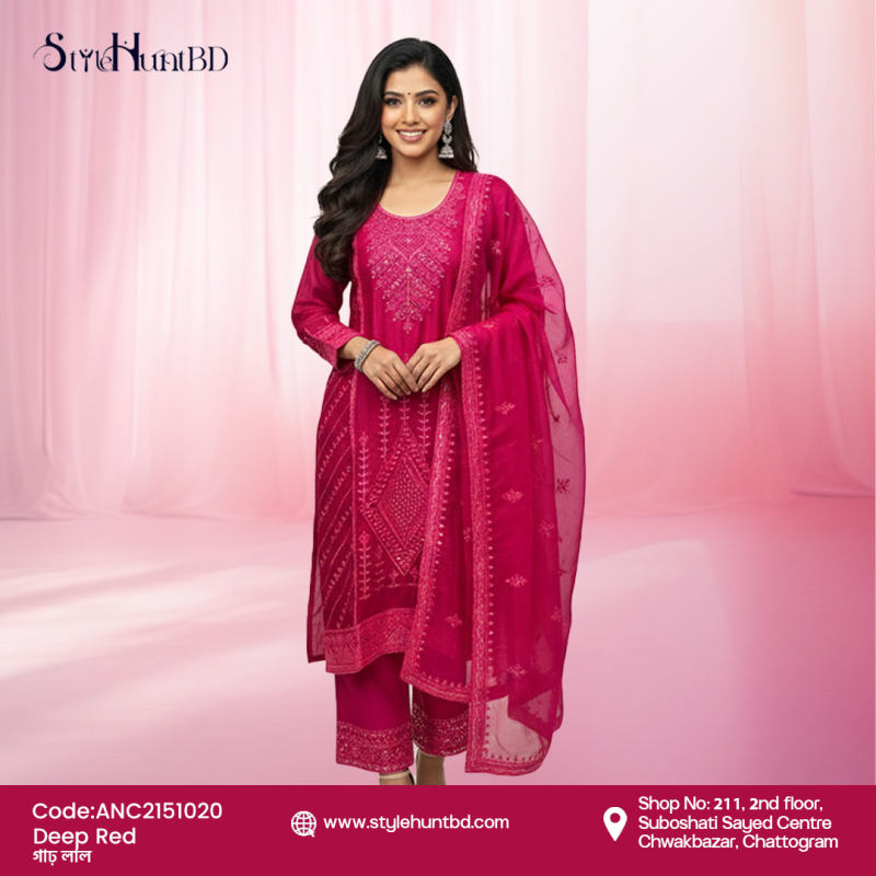 Rich deep red 3 piece dress made from premium Afghani silk, soft and breathable fabric, elegant and modest design perfect for festive occasions, office wear, and daily use
