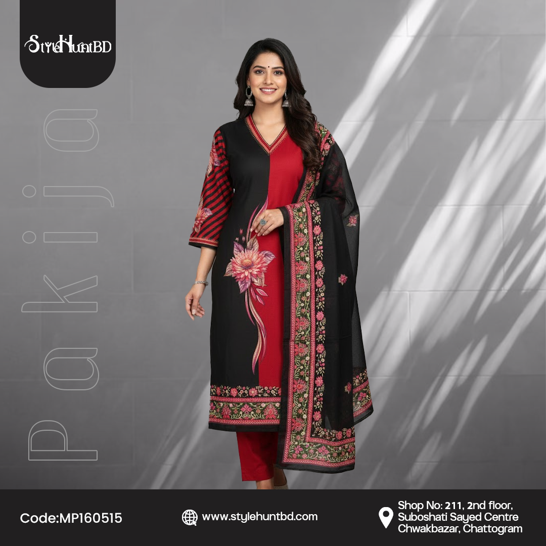 Black & Red Pakija cotton fabric Black MP160515, soft and breathable dress material