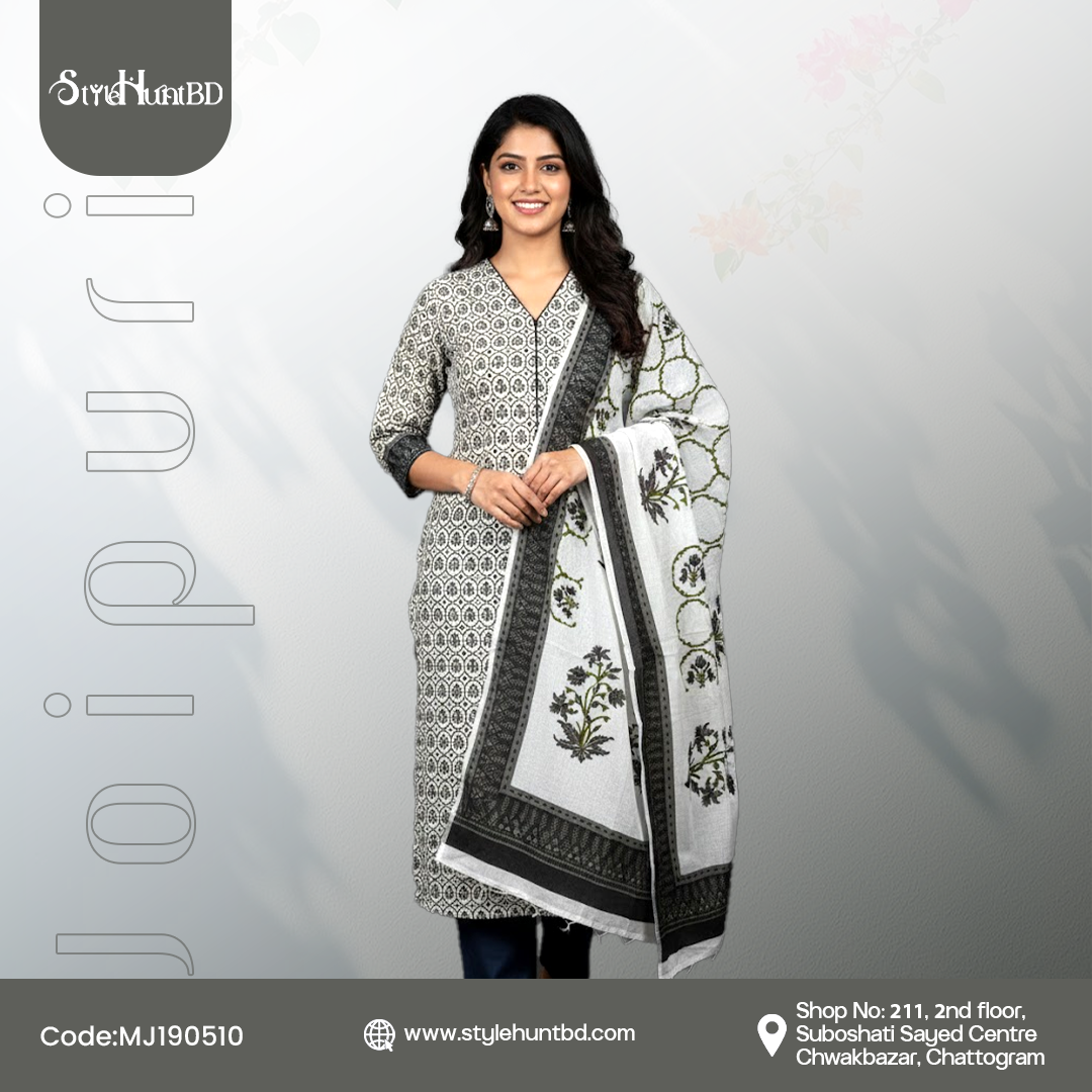Gray & white Joipuri cotton MJ190510 fabric combining artisanal charm with comfort