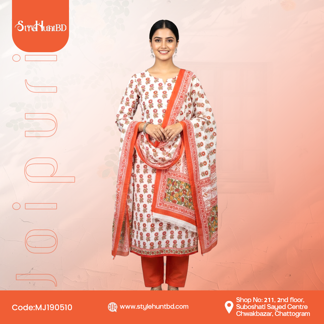 Orange & White Lightweight Joipuri cotton fabric MJ190510 for daily wear