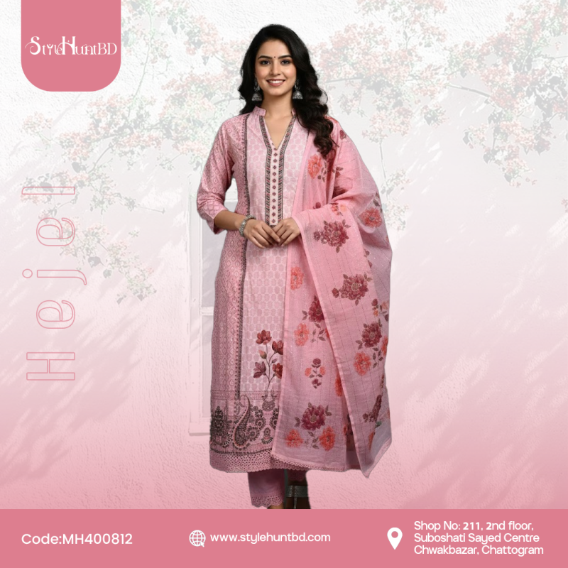 Pink cotton 3-piece dress with comfortable and modest design